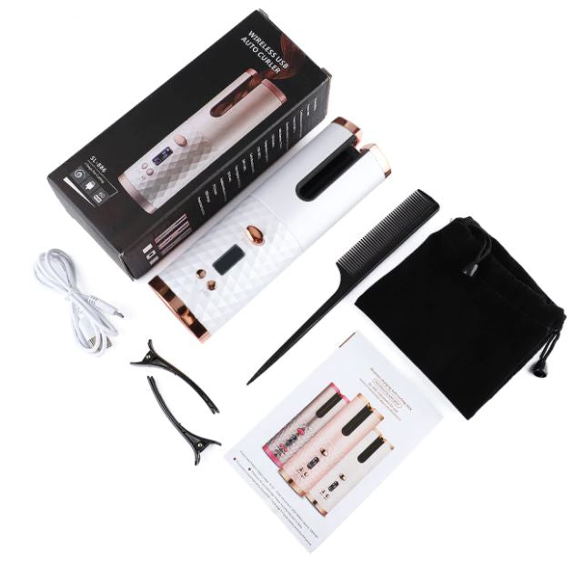 Automatischer Lockenstab Set, weiß, kabellos, mit Zubehör, für schnelles Haarstyling.