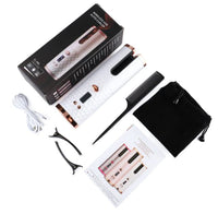 Automatischer Lockenstab Set, weiß, kabellos, mit Zubehör, für schnelles Haarstyling.