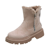 Beige Damen-Winterstiefel mit Reißverschluss, Kunstfellfutter, robuster Sohle, modisch, warm.