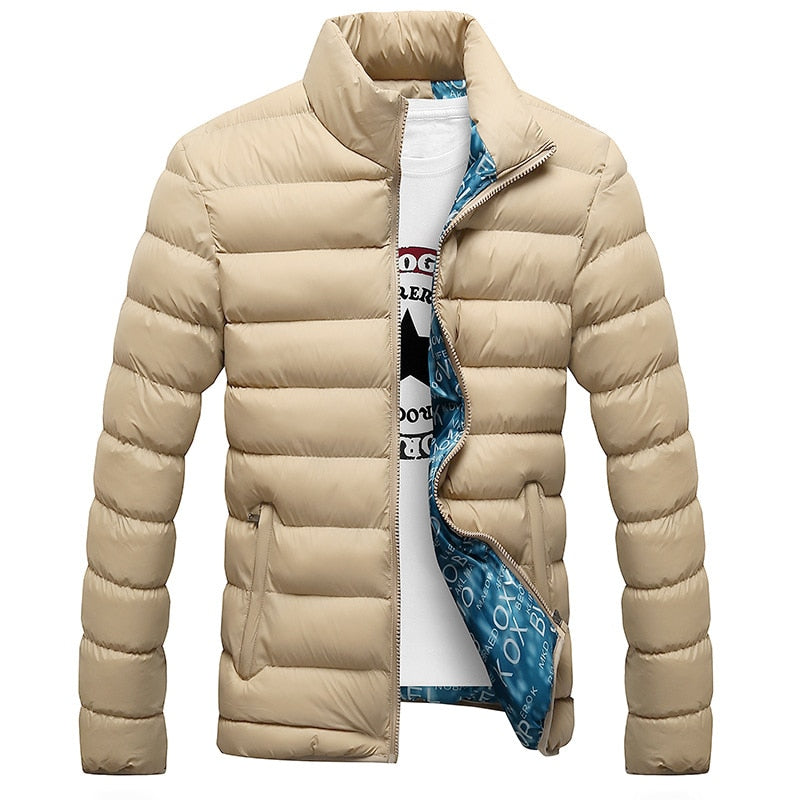 Beige Daunenjacke für Herren, Stehkragen, Reißverschluss, warm, modisch, Winterbekleidung.
