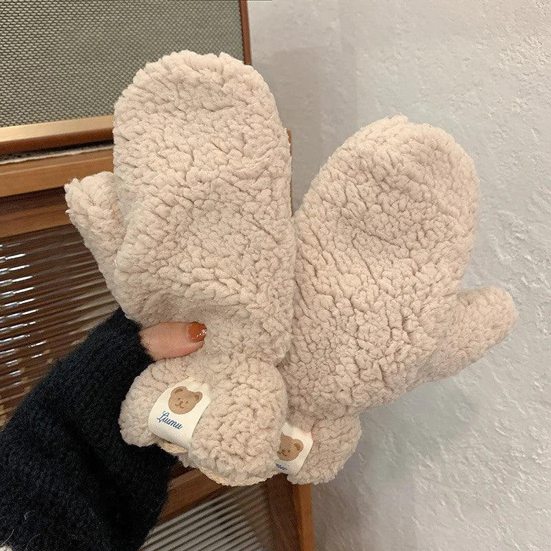 Beige Fäustlinge aus Plüsch, warm, kuschelig, Winterhandschuhe für Damen, Teddy-Design.