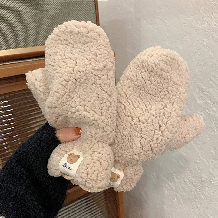 Beige Fäustlinge aus Plüsch, warm, kuschelig, Winterhandschuhe für Damen, Teddy-Design.