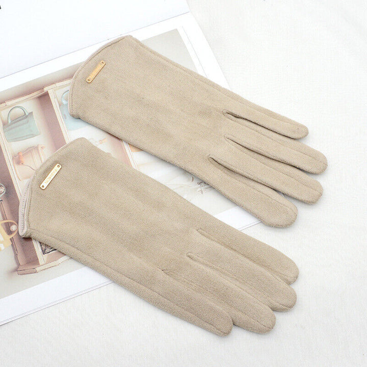 Beige Damenhandschuhe aus Wildleder, elegant, warm, modisch, Winteraccessoire, Geschenkidee.