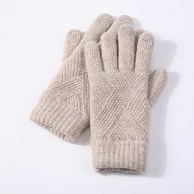 Beige Strickhandschuhe aus Wolle, warm und weich, ideal für Winter, modisches Accessoire.