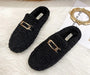 Schwarze Damen-Pantoffeln mit goldener Schnalle, flauschig, rutschfest, bequem, modisch.
