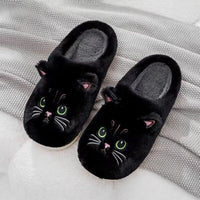 Schwarze Plüsch-Hausschuhe mit Katzenmotiv, grüne Augen, gemütlich, rutschfest, Damenmode.