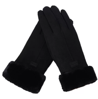 Schwarze Damenhandschuhe aus Leder mit Fellbesatz, elegant, warm, Winteraccessoire.