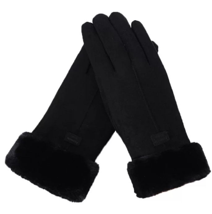 Schwarze Damenhandschuhe aus Leder mit Fellbesatz, elegant, warm, Winteraccessoire.