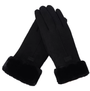 Schwarze Damenhandschuhe aus Leder mit Fellbesatz, elegant, warm, Winteraccessoire.