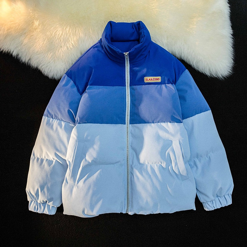 Blauer und hellblauer Daunenjacke mit Reißverschluss, Wintermode, warm, stilvoll, Herrenbekleidung.