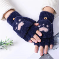 Blaue fingerlose Handschuhe mit Pfotenmuster, flauschig, warm, Winteraccessoire, Damenmode.