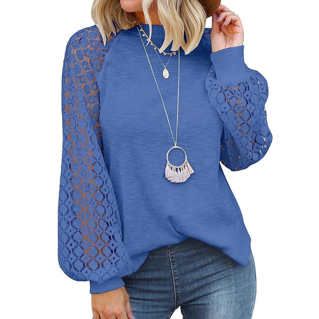 Damenpullover blau mit Spitzenärmeln, lässig, modisch, Herbstmode, Baumwolle, Rundhals.