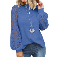 Damenpullover blau mit Spitzenärmeln, lässig, modisch, Herbstmode, Baumwolle, Rundhals.