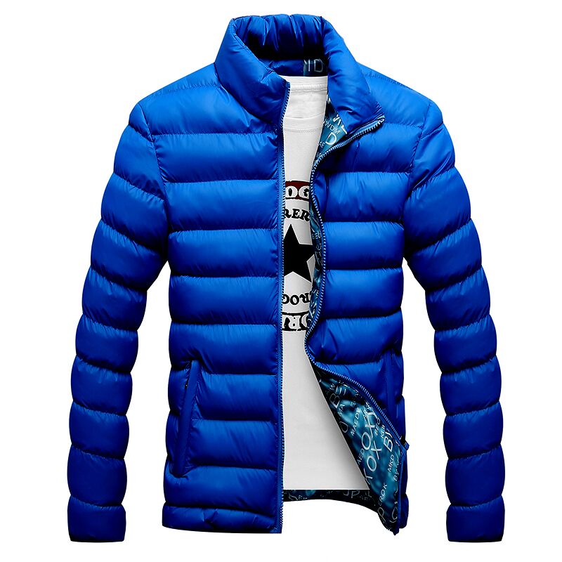 Blaue Daunenjacke für Herren, Stehkragen, Reißverschluss, Wintermode, warm und stilvoll.