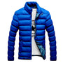 Blaue Daunenjacke für Herren, Stehkragen, Reißverschluss, Wintermode, warm und stilvoll.