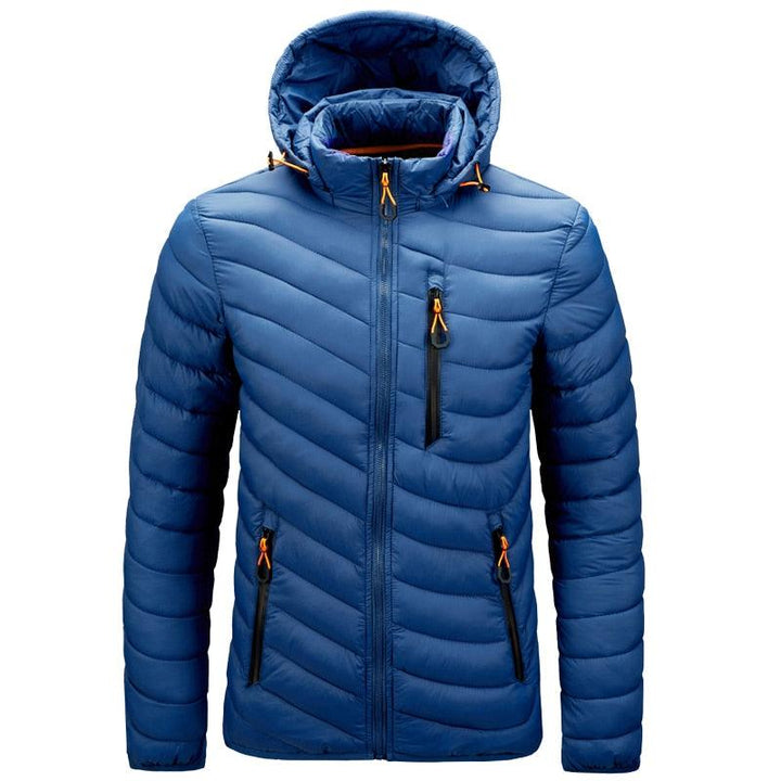 Blaue Daunenjacke mit Kapuze, Reißverschlusstaschen, Winterjacke, Herrenmode.