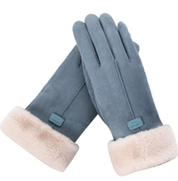 Blaue Damenhandschuhe aus Wildleder mit weißem Fellfutter, Wintermode Accessoire.