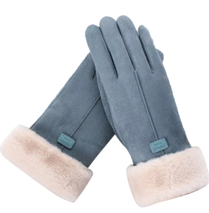 Blaue Damenhandschuhe aus Wildleder mit weißem Fellfutter, Wintermode Accessoire.