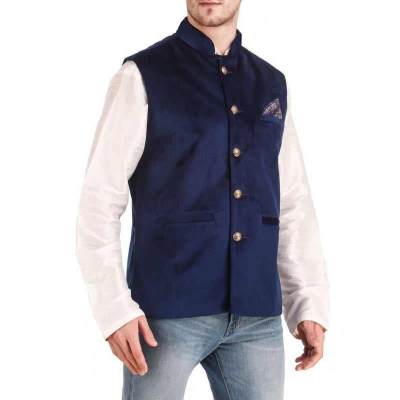 Blauer Herren Nehru-Jacke aus Baumwolle, elegante Weste, traditionelles Design, Knopfleiste.