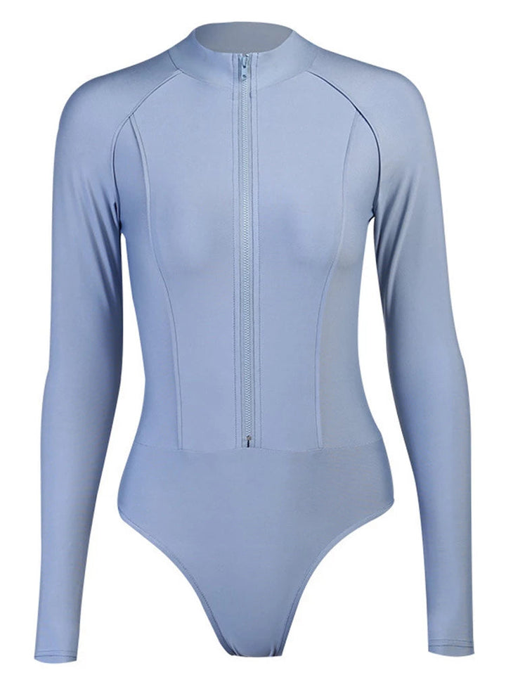 Damen-Bodysuit, langärmelig, hellblau, Reißverschluss, figurbetont, elegantes Design.