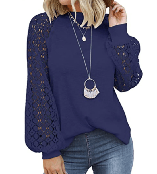 Damenpullover blau, Spitzenärmel, lässig, modisch, Herbstmode, Langarm, Rundhals.