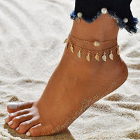 Goldene Boho-Fußkette mit Blattanhängern, Zirkonia, Damen, Strandmode.