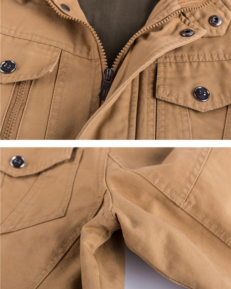 Braune Herrenjacke aus Baumwolle mit Reißverschluss und Knöpfen, lässiger Stil.