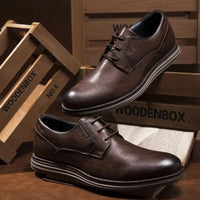 Braune Herrenschuhe aus Leder, elegant, mit Schnürung, auf Holzkisten präsentiert.