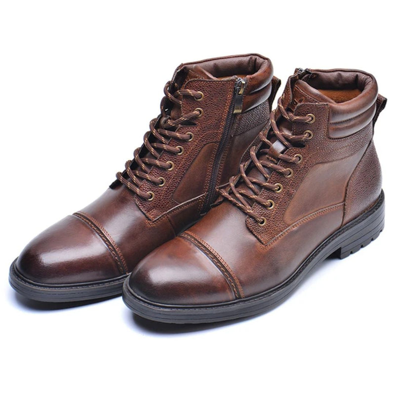 Braune Lederstiefel für Herren, Schnürung, Reißverschluss, modisch, robust, Herbst-Winter.