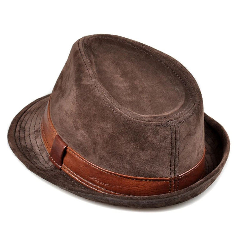 Brauner Fedora-Hut aus Wildleder mit Lederband, stilvoller Herrenhut, modisches Accessoire.