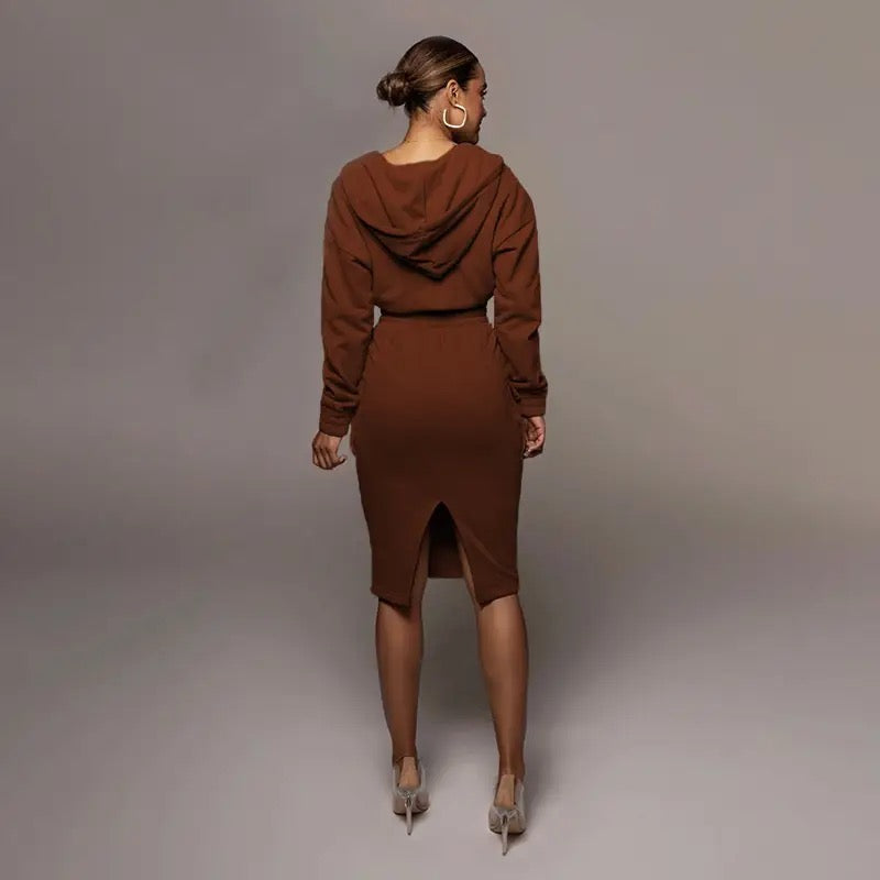 Frau in braunem Kapuzenkleid, Rückansicht, elegantes Design, Mode, Herbstkleidung, Damenmode.