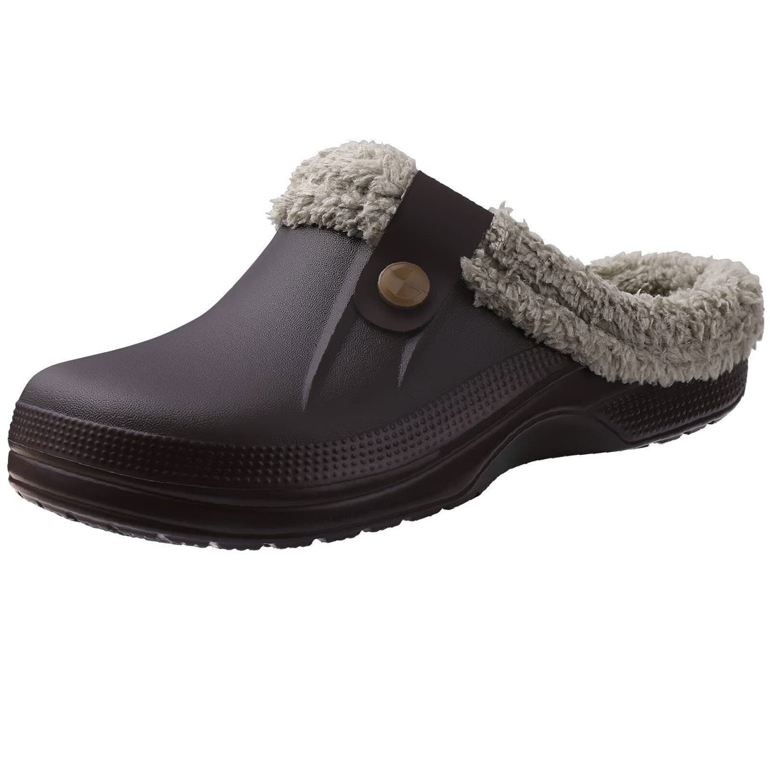 Brauner Clog mit Fellfutter, rutschfest, bequem, ideal für den Winter, Unisex-Hausschuhe.