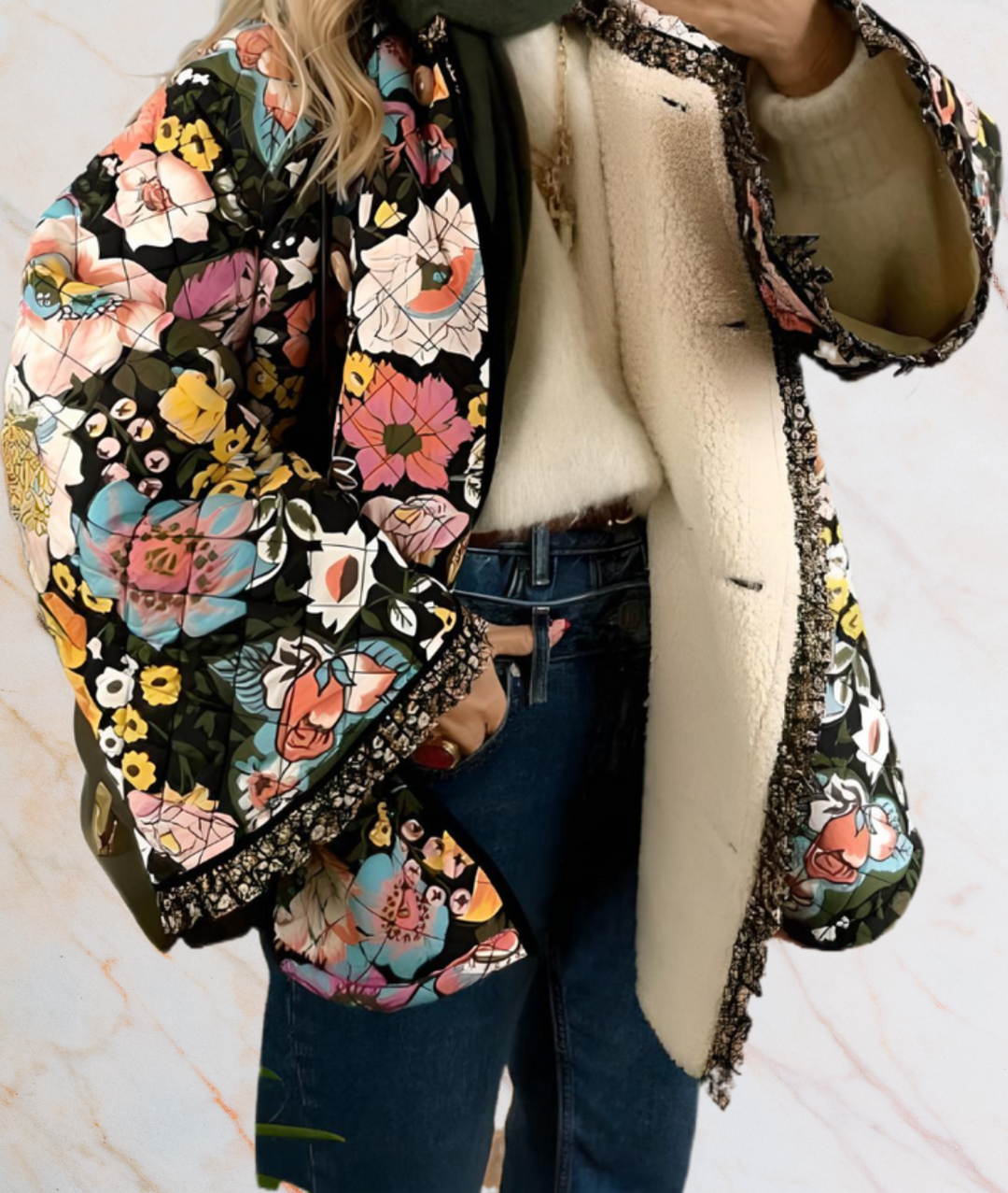 Farbige Blumenjacke mit Fleece-Innenfutter, Damenmode, Herbst-Winter, stilvoll und warm.