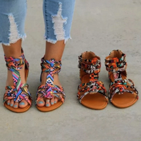 Bunte Damen-Sandalen, Ethno-Muster, flach, Sommermode, offene Zehen, bequem, Freizeit.