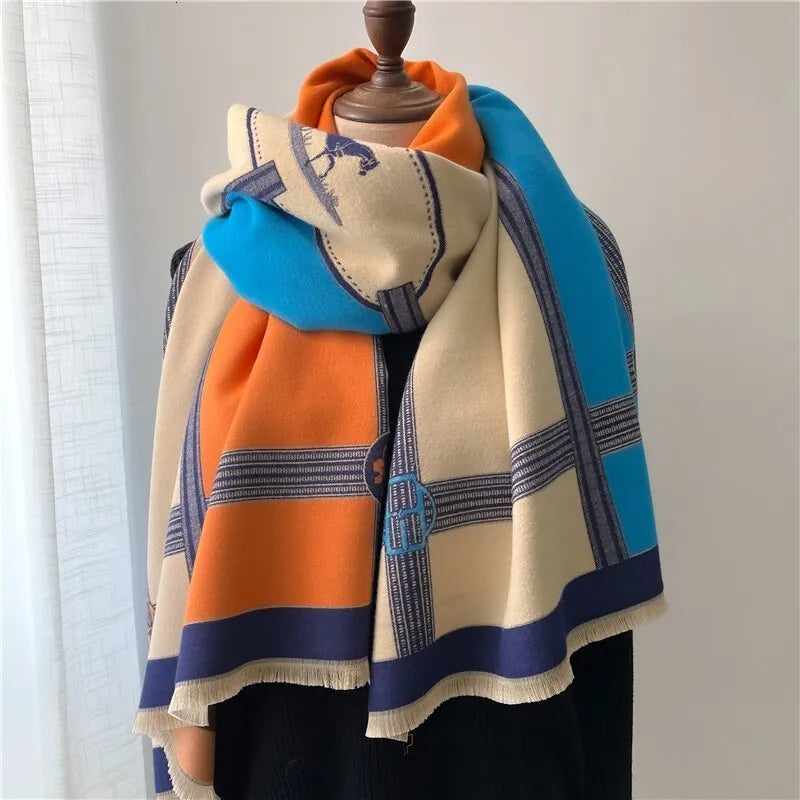 Bunter Kaschmirschal mit Karomuster, orange-blau-beige, Damenmode, Herbst-Winter Accessoire