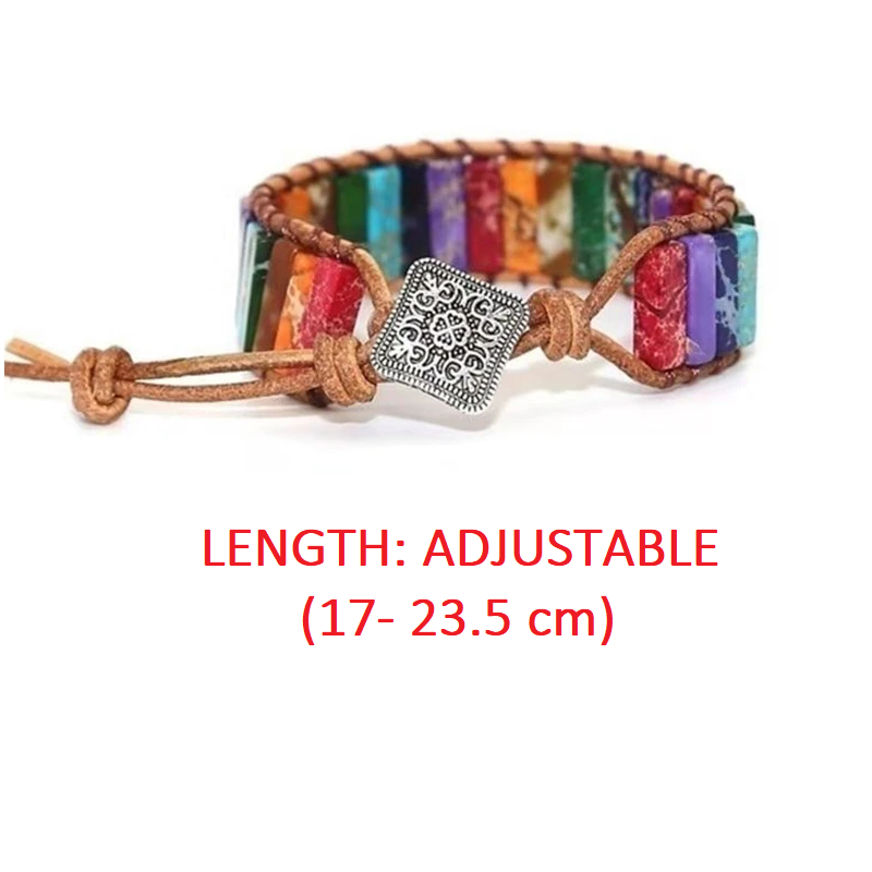 Einstellbares Armband mit bunten Steinen und Lederband, handgefertigt, 17-23,5 cm.