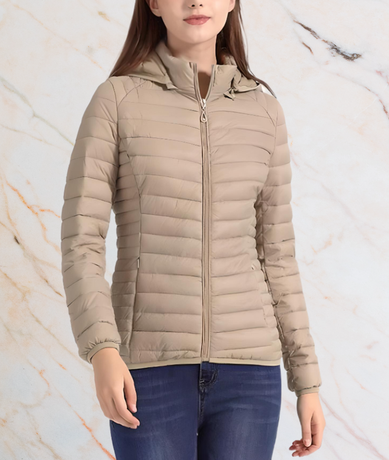 Damen Steppjacke beige, Reißverschluss, warm, modisch, Herbst Winter, Freizeitkleidung.