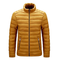Gelbe Steppjacke für Herren, Reißverschluss, modisch, warm, Winterjacke, Outdoor-Bekleidung.