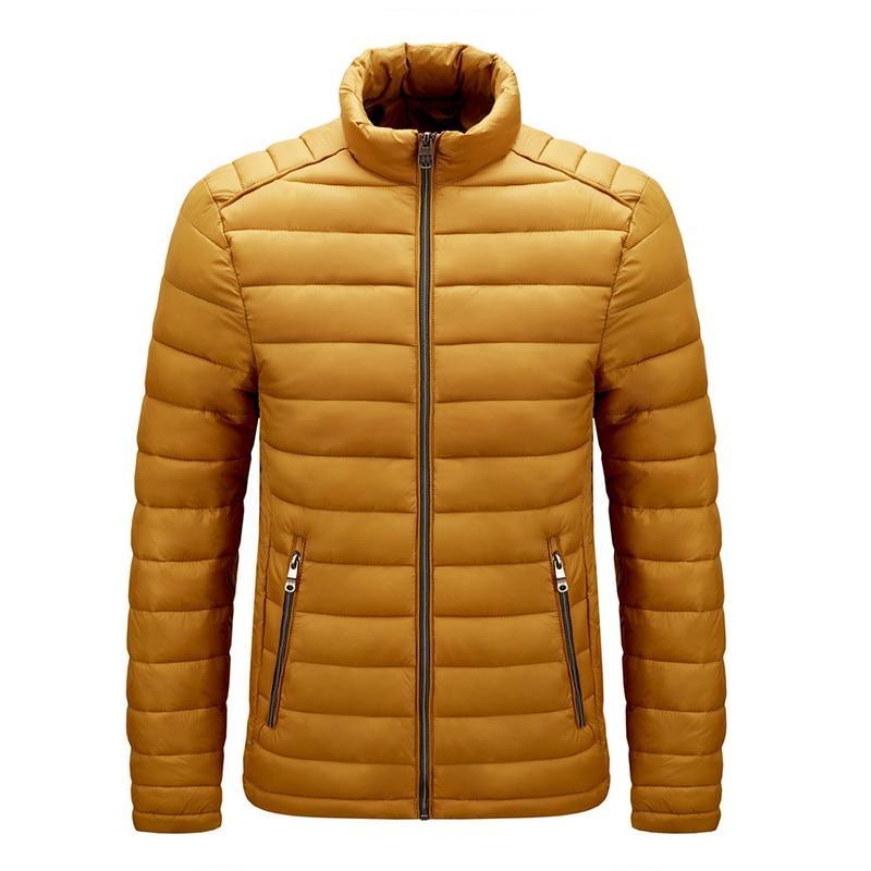 Gelbe Steppjacke für Herren, Reißverschluss, modisch, warm, Winterjacke, Outdoor-Bekleidung.