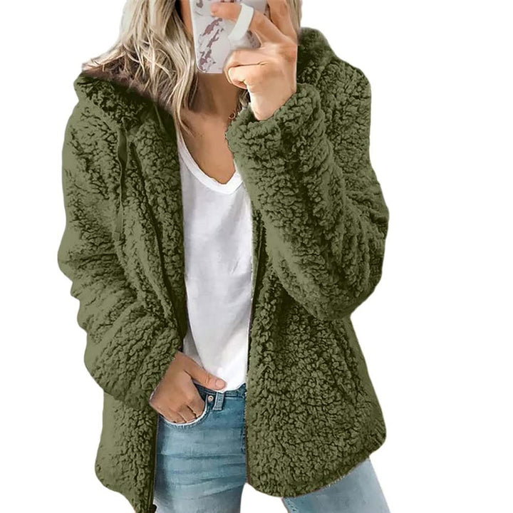 Grüne Damen Teddyjacke, flauschig, mit Kapuze, lässig, warm, ideal für Herbst und Winter.