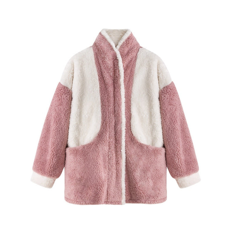 Rosa-weiße Damen Teddyjacke, flauschig, warm, modisch, Winterbekleidung, Freizeitlook.