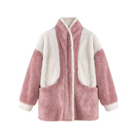 Rosa-weiße Damen Teddyjacke, flauschig, warm, modisch, Winterbekleidung, Freizeitlook.