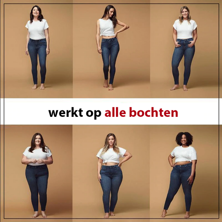 Jeans für Damen, verschiedene Größen, blaue Denim, weiße T-Shirts, Modekollektion.