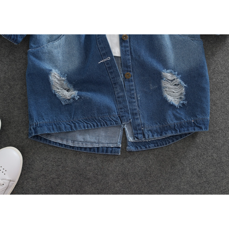 Damen Oversized Denimjacke, Blau, Risse, Lässig, Frühling, Modetrend, Baumwolle.