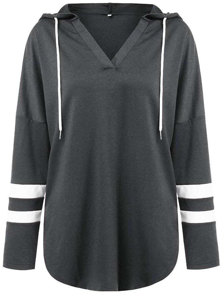 Damen Kapuzenpullover, dunkelgrau, Langarm, Streifen, Baumwolle, sportlich, lässig.