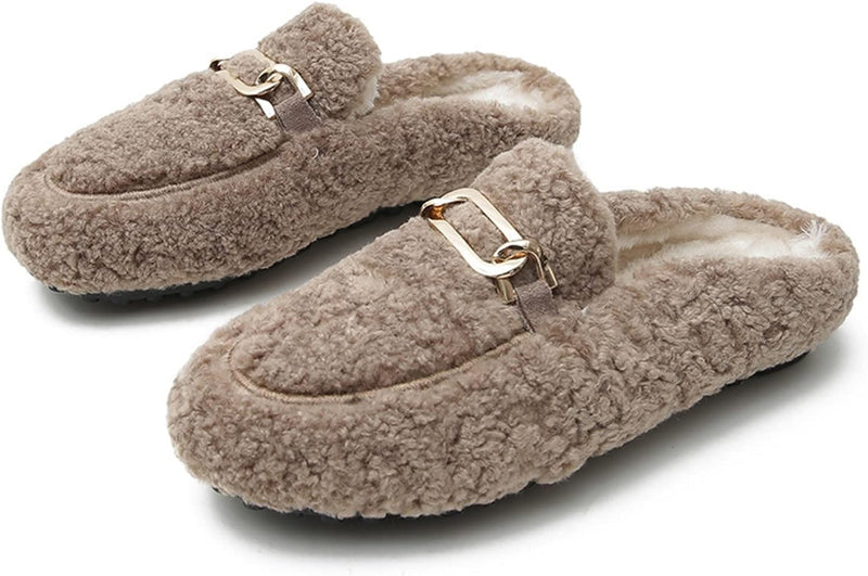 Damen Hausschuhe, beige, Plüsch, rutschfest, warm, mit goldener Schnalle, gemütlich.