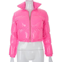 Damen Winterjacke, pink, glänzend, Steppjacke, Reißverschluss, modisch, warm, kurz geschnitten.