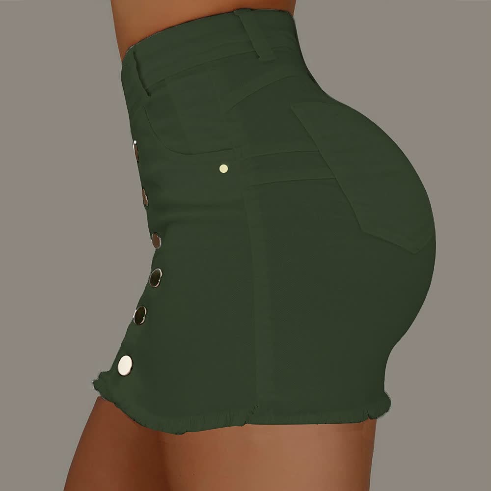 Dunkelgrüner Damen-Minikleid mit Knöpfen, hoher Taille, figurbetont, modisch, elegant.