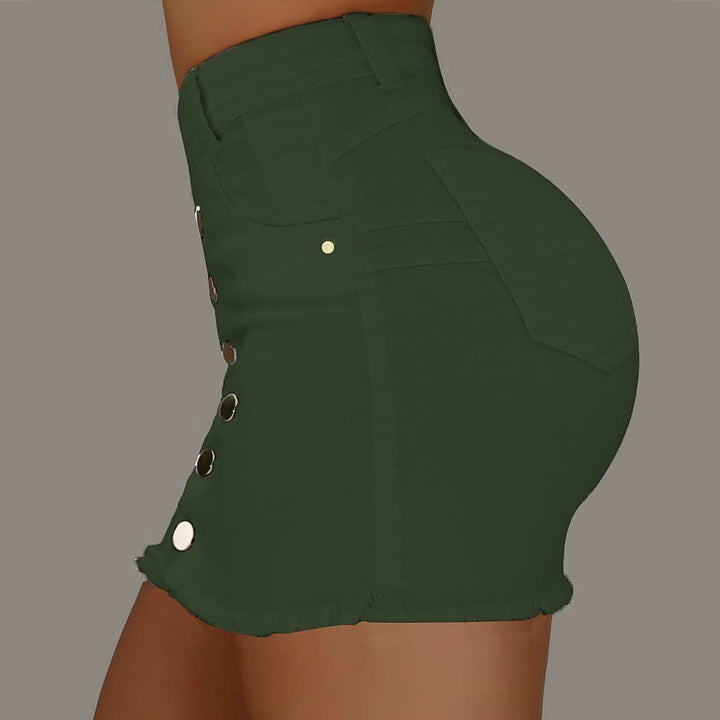 Dunkelgrüner Damen-Minikleid mit Knöpfen, hoher Taille, figurbetont, modisch, elegant.