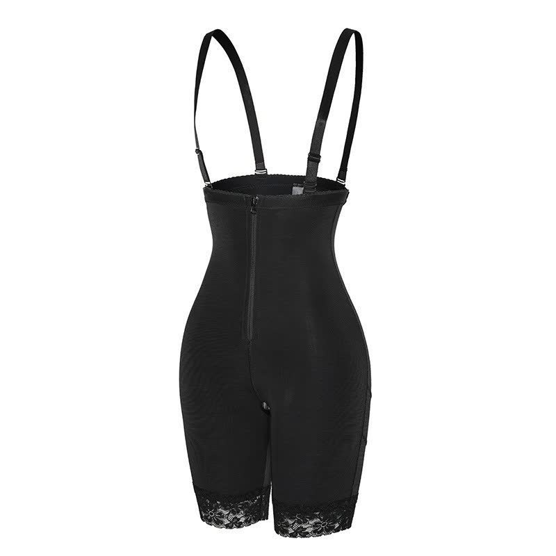 Schwarzer figurformender Body mit Spitze, verstellbaren Trägern, Reißverschluss, Shapewear Damen.